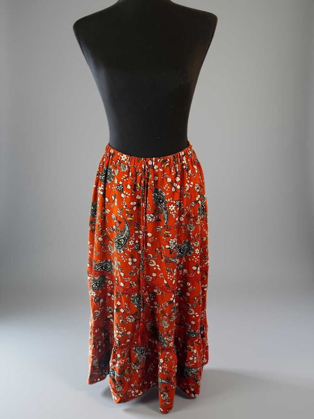 Indigo Rose Rust Orange Boho Floral Paisley Tiered Midi Skirt Size M